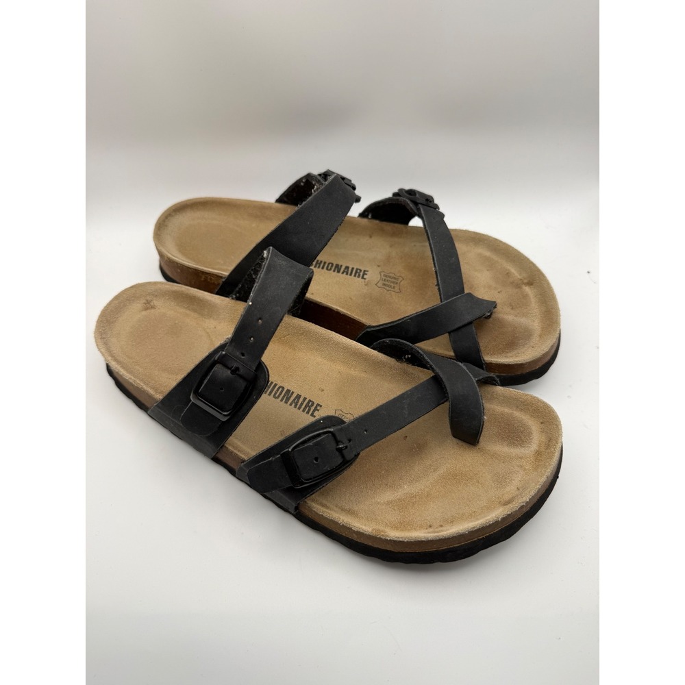 Cushionaire Luna Sandals Women 9W Black Double Buckle Cork Footbed Toe Loop